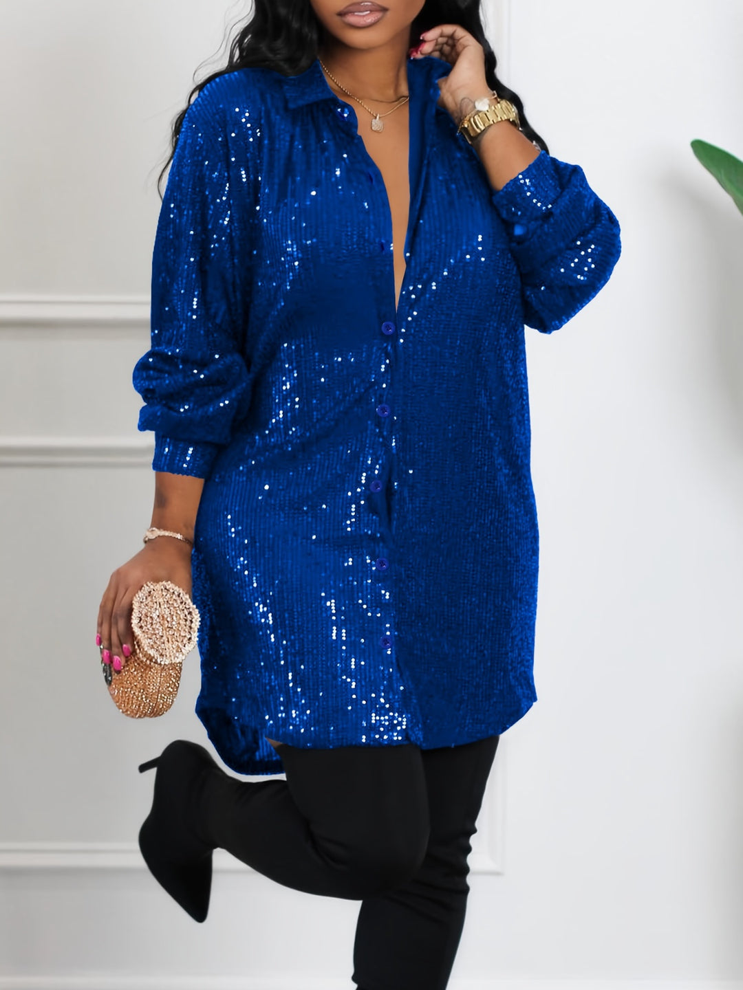 Elegant Plus Size Sequin Party Dress with Long Sleeves and Turn Down Collar