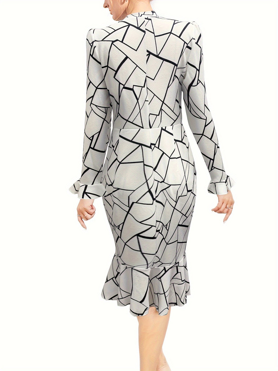 Women's Elegant Dress, Plus Size Geometric Print Bell Sleeve Mock Neck Mermaid Dress