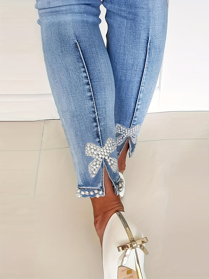 Blue High-Stretch Skinny Jeans, Faux Pearl Decor Slim Fit Split Denim Pants, Women's Denim Jeans & Clothing