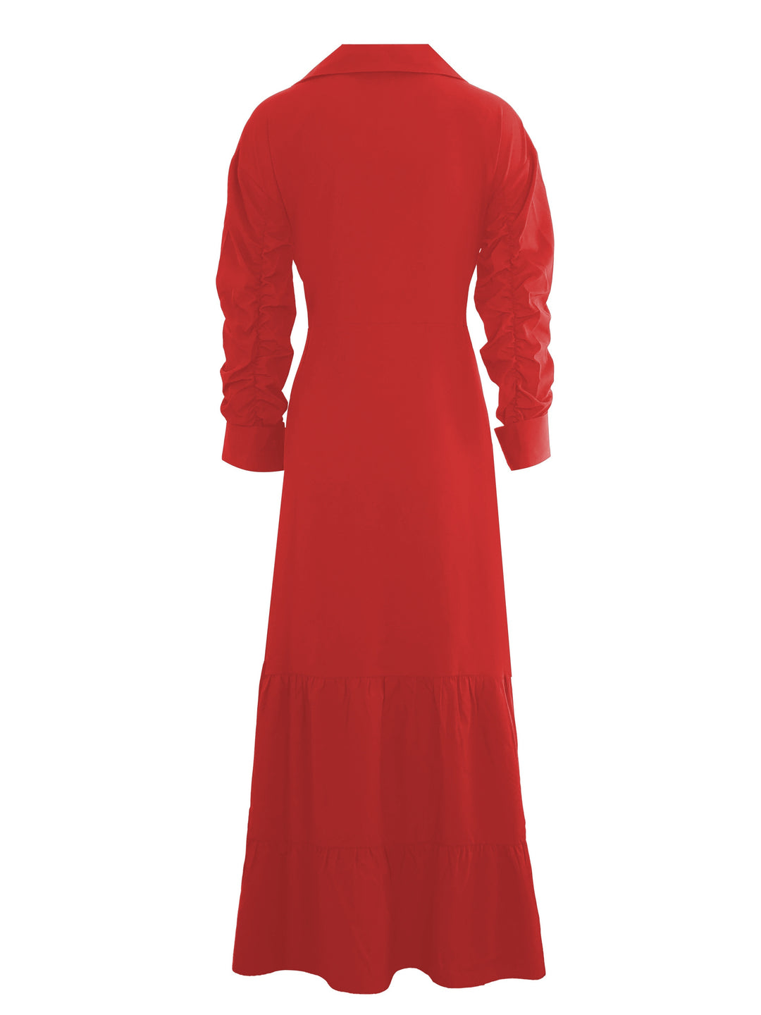 Solid Button Front Belted Dress, Elegant Ruched Sleeve Ruffle Trim Maxi Dress, Women's Clothing