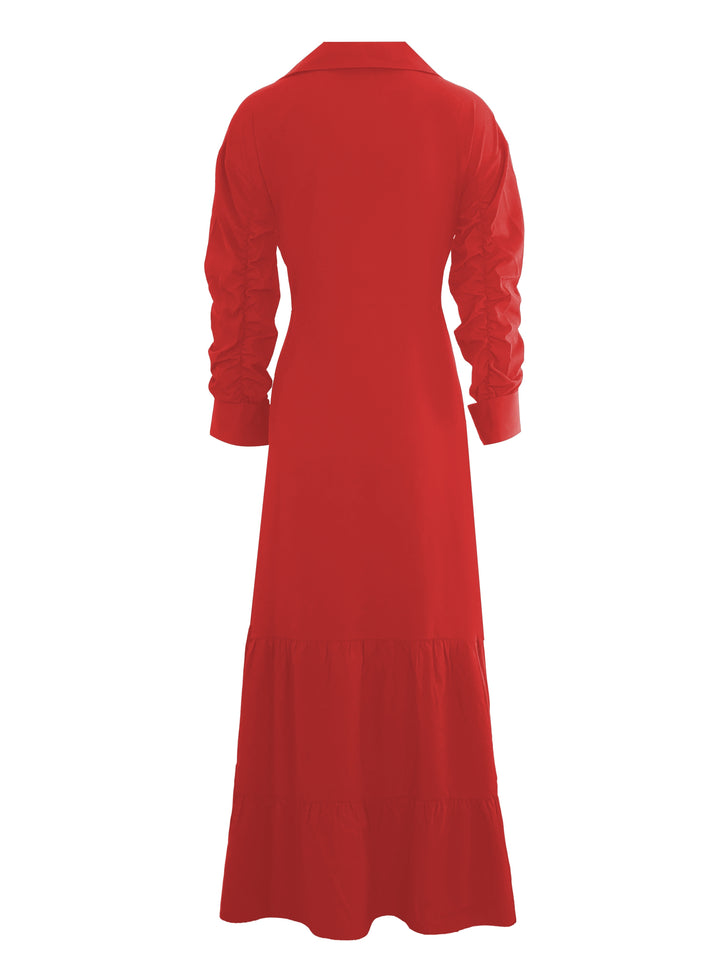 Solid Button Front Belted Dress, Elegant Ruched Sleeve Ruffle Trim Maxi Dress, Women's Clothing