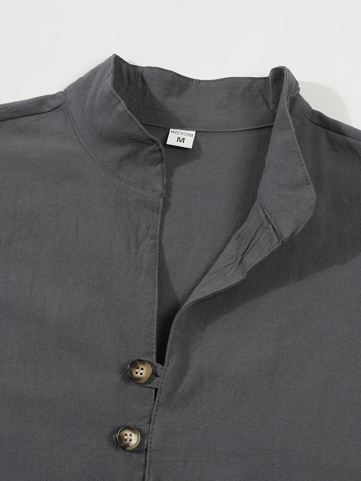 Men's Stylish Solid Shirt, Casual Breathable V Neck Button Up Long Sleeve Comfy Shirt For City Walk Street Hanging Outdoor Activities