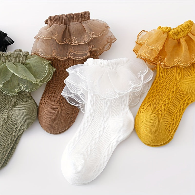 5pairs Girls Kids Lace Ruffled Cute Princess Socks, Fashion Versatile Socks, Breathable Comfy Socks, Children's Socks