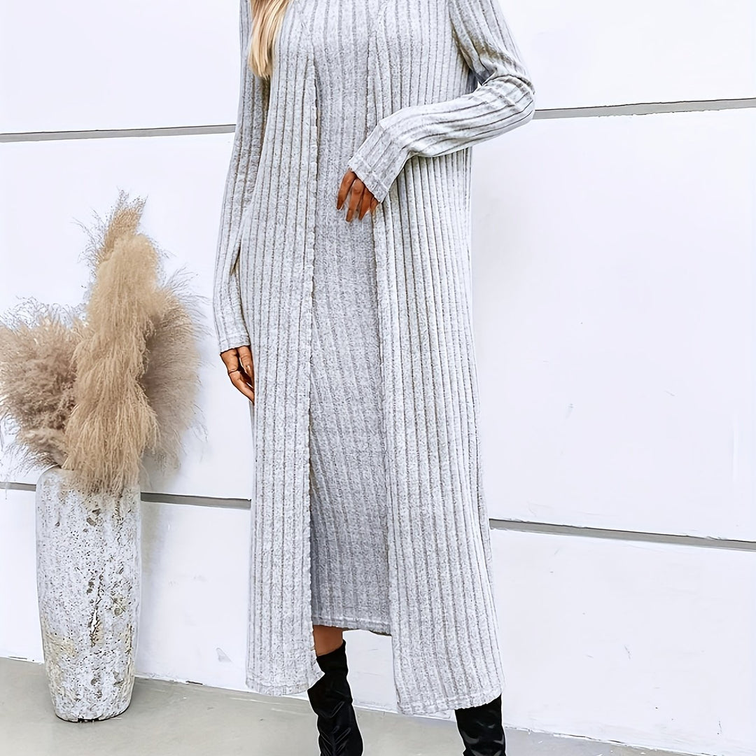 Ribbed Solid Two-piece Set, Open Front Long Length Cardigan & Sleeveless Bodycon Dress Outfits, Women's Clothing