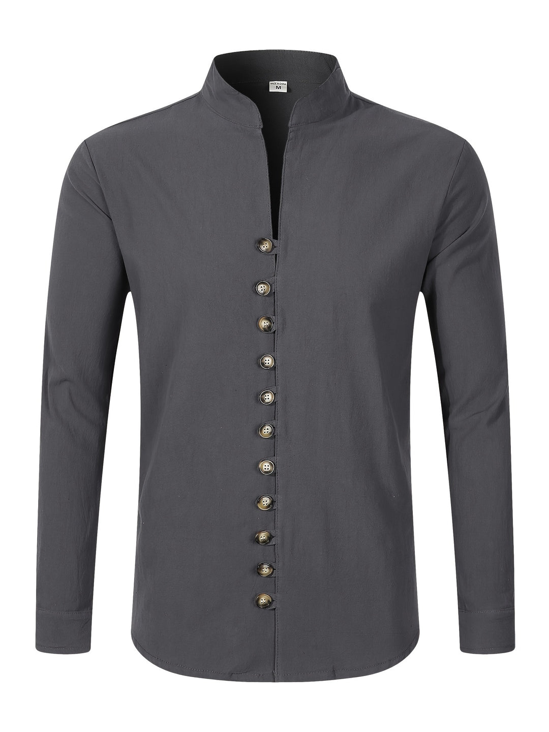Men's Stylish Solid Shirt, Casual Breathable V Neck Button Up Long Sleeve Comfy Shirt For City Walk Street Hanging Outdoor Activities