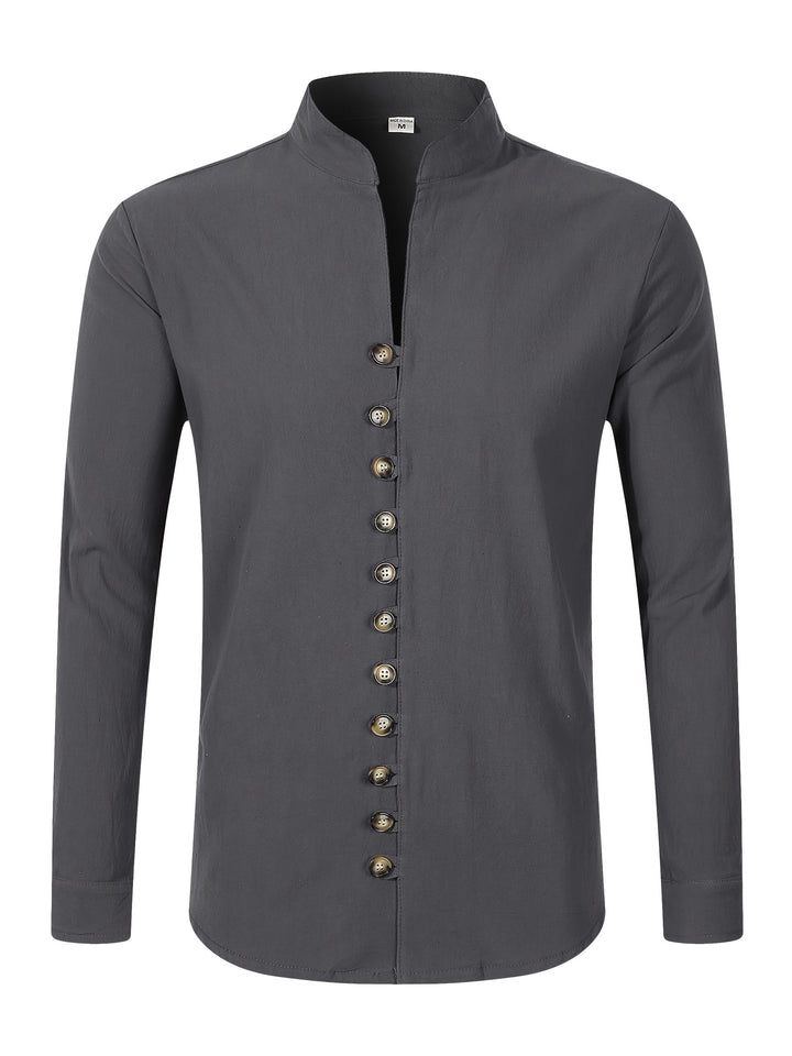 Men's Stylish Solid Shirt, Casual Breathable V Neck Button Up Long Sleeve Comfy Shirt For City Walk Street Hanging Outdoor Activities