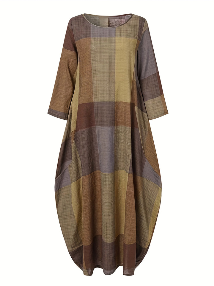 Plus Size Casual Dress, Women's Plus Colorblock Grid Print Long Sleeve Round Neck Slight Stretch Loose Maxi Dress