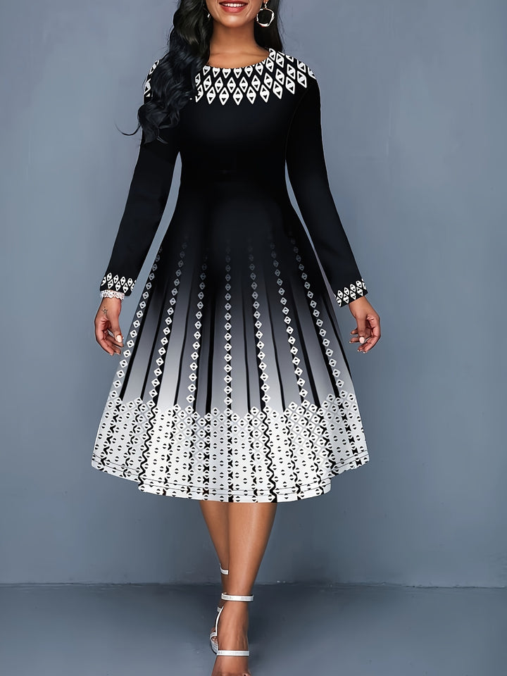 Plus Size Elegant Dress, Women's Plus Geo & Ombre Print Long Sleeve Round Neck A-line Formal Dress