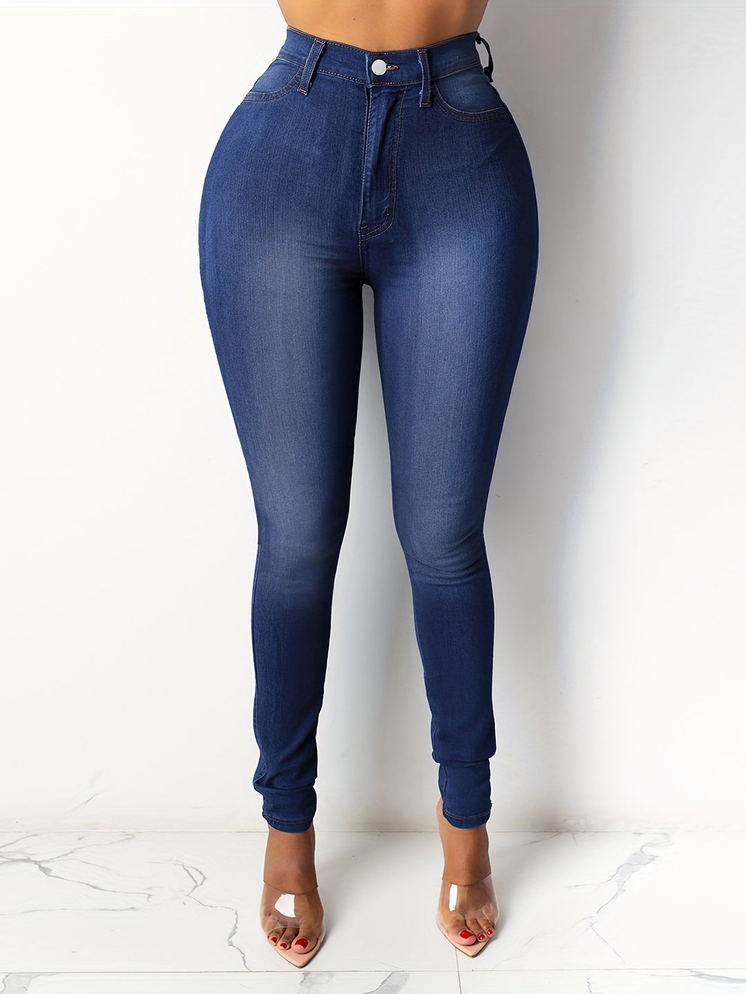 High Rise Curvy Skinny Jeans, Light Blue Long Plicated Legs Denim Pants, Women's Denim Jeans & Clothing