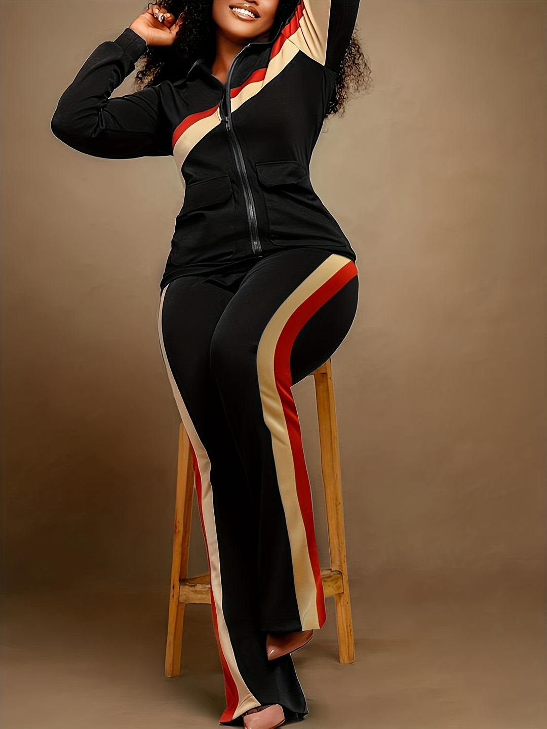 Plus Size Striped Print Jacket & Pants Set, Women's Plus Slight Stretch 2pcs Casual Set Outfits