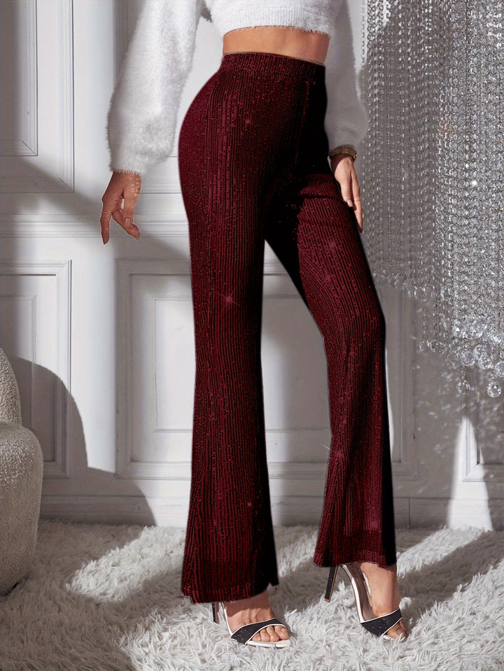 Sequined Solid Flare Leg Pants, Elegant High Waist Fashion Pants, Women's Clothing