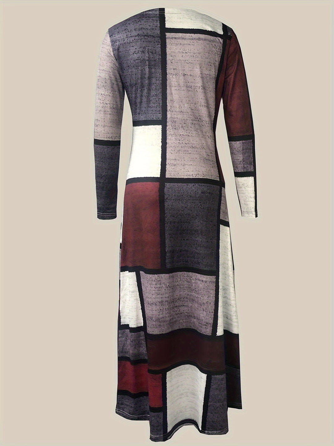 Patchwork Print Maxi Dress, Casual Crew Neck Long Sleeve Dress, Women's Clothing