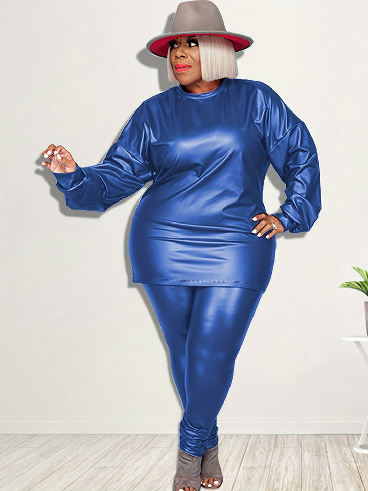 Plus Size Casual Outfits Set, Women's Plus Faux Leather Solid Long Sleeve Top & Pants 2pcs Set