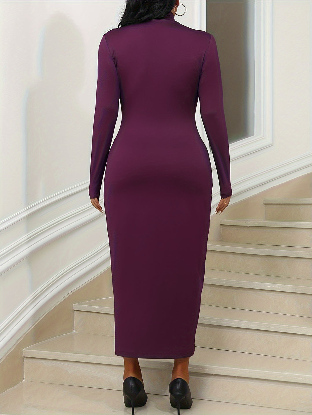 Plus Size Casual Dress, Women's Plus Solid Long Sleeve Turtle Neck Slim Fit Medium Stretch Maxi Dress