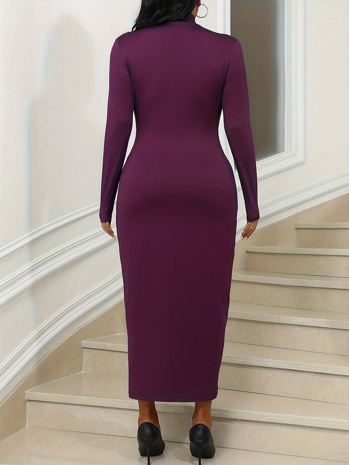 Plus Size Casual Dress, Women's Plus Solid Long Sleeve Turtle Neck Slim Fit Medium Stretch Maxi Dress