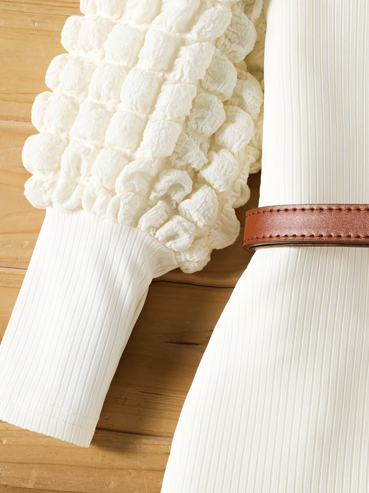 Toddler Girls Bubble Long Sleeves Gorgeous Rib Knit Tunic Dress (Belt Is Not Included)