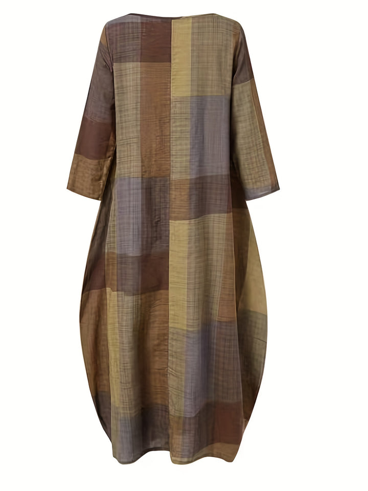 Plus Size Casual Dress, Women's Plus Colorblock Grid Print Long Sleeve Round Neck Slight Stretch Loose Maxi Dress
