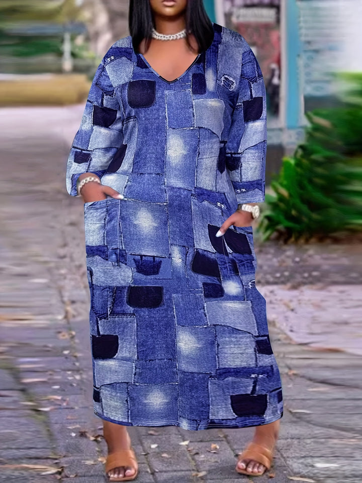 Plus Size Casual Dress, Women's Plus Patchwork Denim Print Long Sleeve V Neck Pocketed Maxi Dress