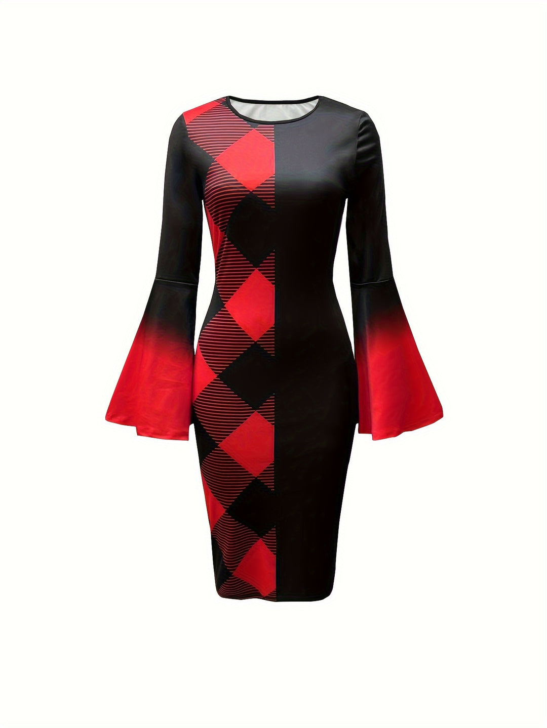 Elegant Plaid Print Dress with Flared Sleeves and Color Block Design, Perfect for Any Occasion