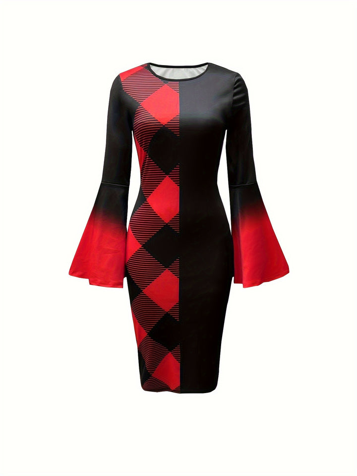 Elegant Plaid Print Dress with Flared Sleeves and Color Block Design, Perfect for Any Occasion