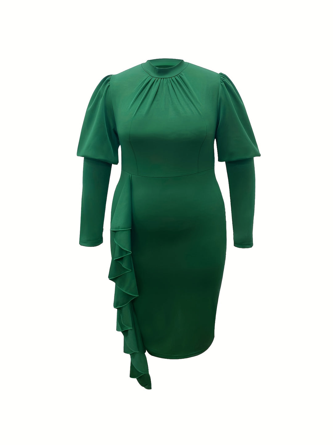 Plus Size Elegant Dress, Women's Plus Solid Puff Sleeve Mock Neck Ruffle Trim Bodycon Pencil Midi Dress