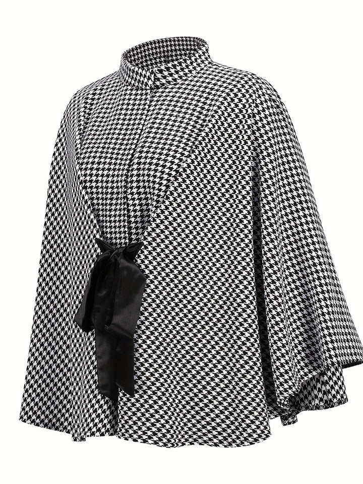 Houndstooth Print Cape Top, Casual Tie Front Loose Outerwear, Women's Clothing