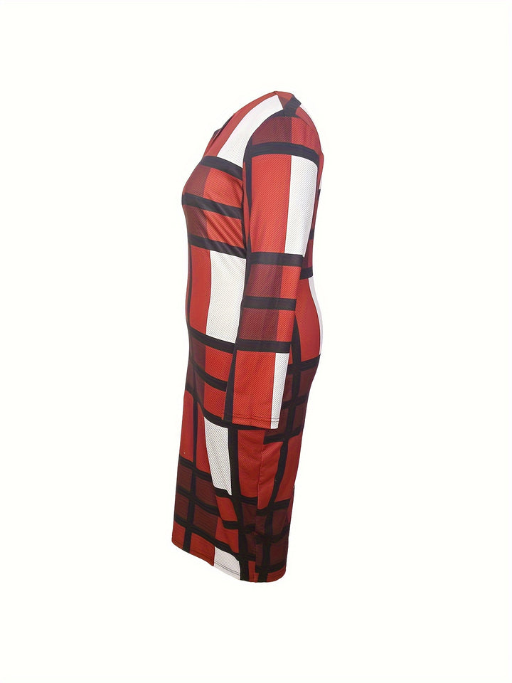 Elegant Plus Size Plaid Print Midi Dress for Women - Notched Neck and Long Sleeves