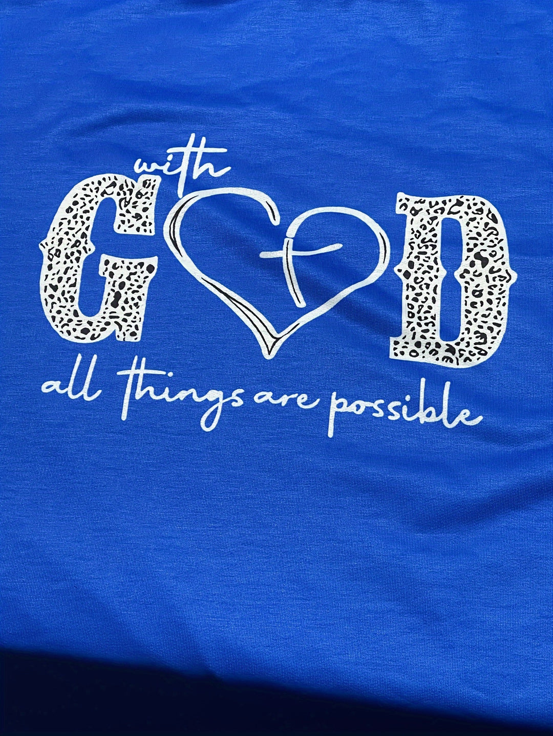 Plus Size Casual Sweatshirt, Women's Plus Cross Heart & Leopard Letter Print Long Sleeve Round Neck Slight Stretch Pullover Top