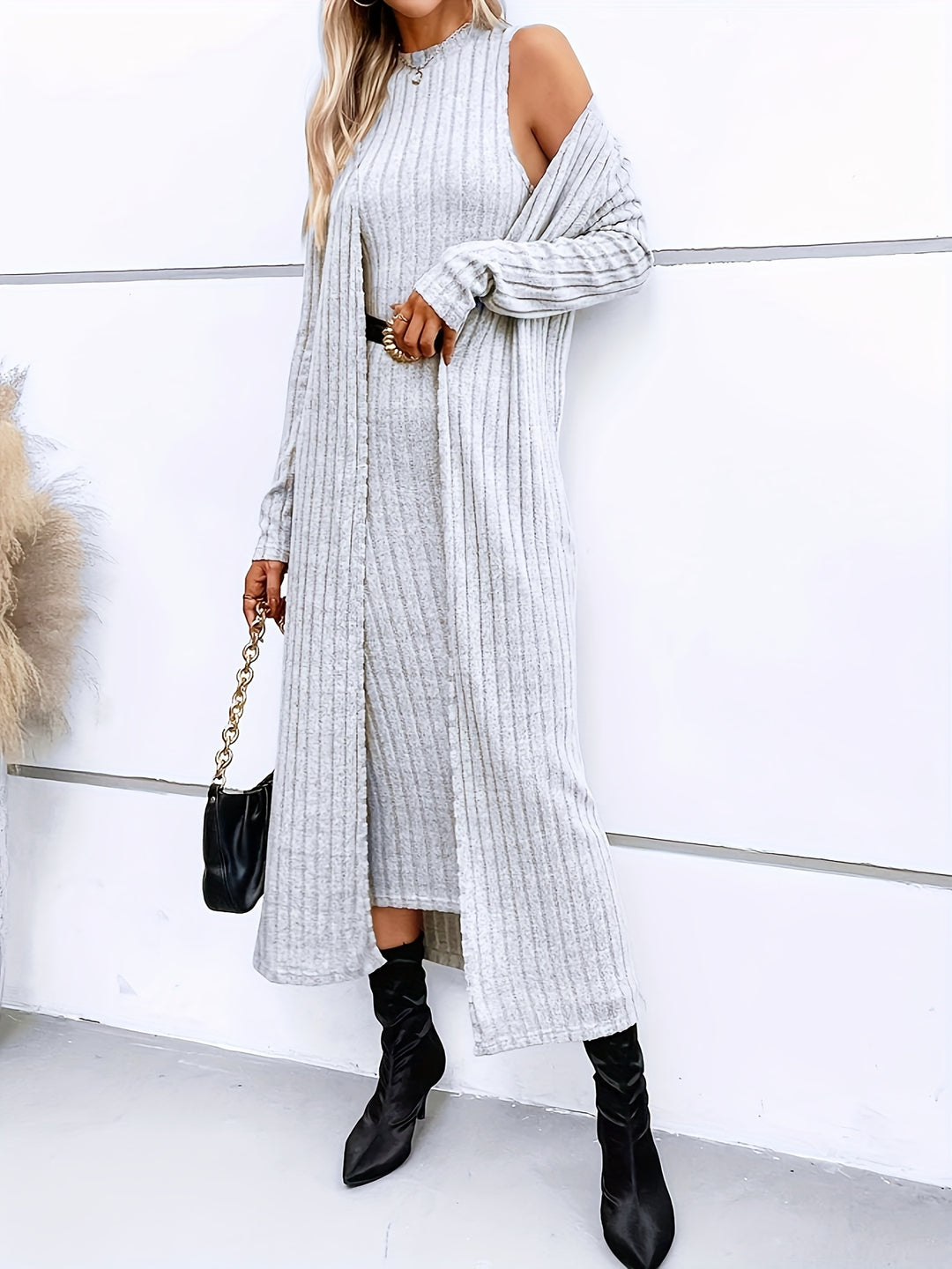 Ribbed Solid Two-piece Set, Open Front Long Length Cardigan & Sleeveless Bodycon Dress Outfits, Women's Clothing