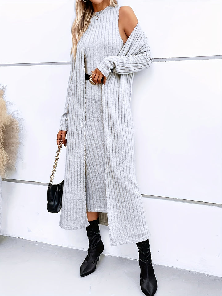 Ribbed Solid Two-piece Set, Open Front Long Length Cardigan & Sleeveless Bodycon Dress Outfits, Women's Clothing