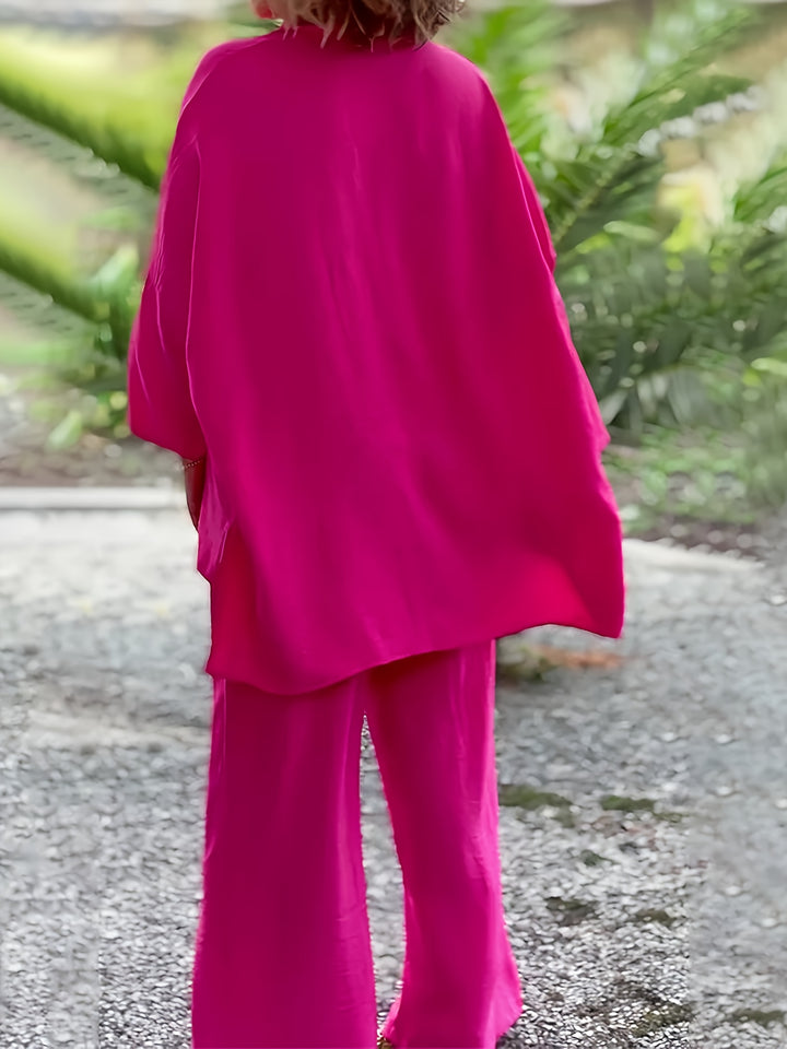 Plus Size Casual Outfits Set, Women's Plus Solid Long Sleeve Button Up Lapel Collar Loose Fit Shirt Top & Pants Outfits Two Piece Set