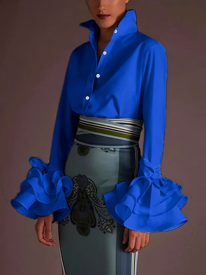 Plus Size Elegant Blouse, Women's Plus Solid Button Up Layered Sleeve Turn Down Collar Blouse