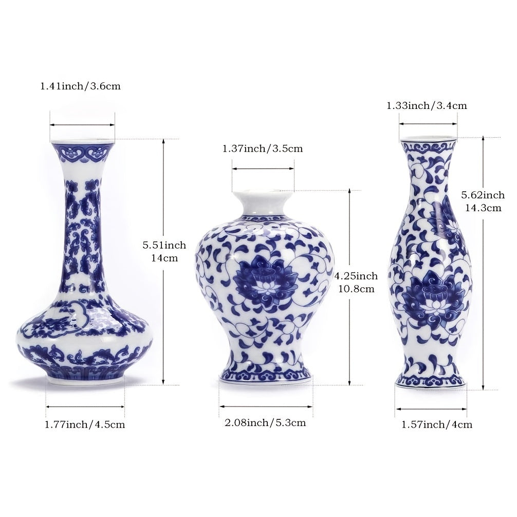 3pcs 1 set Cute Blue and White Ceramic Bud Vase for Farmhouse Table Centerpiece and Rustic Wedding Decorations - Chinese Antique Style Vase for Home Table Flower Decor