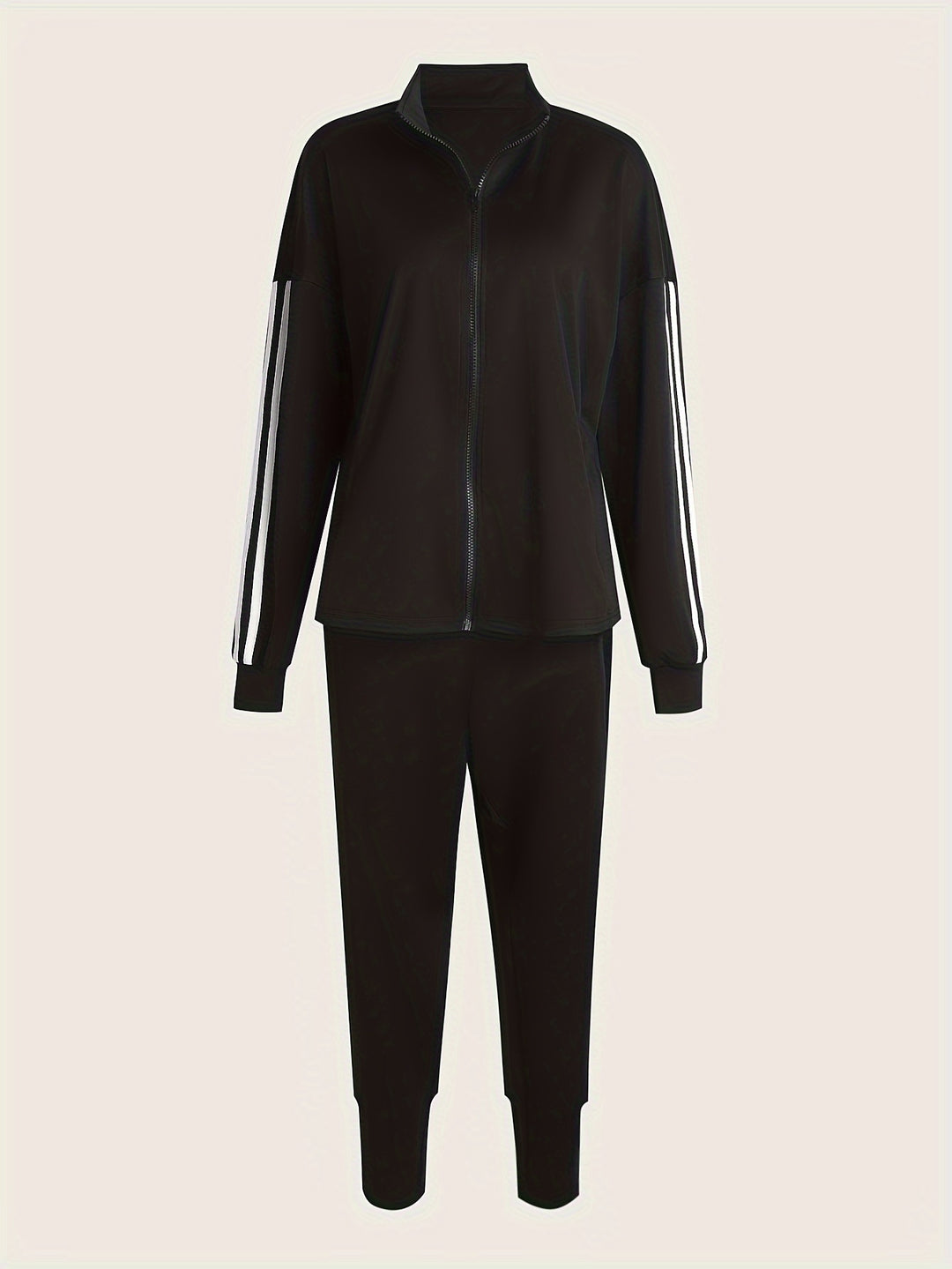 Plus Size Sporty Outfits Set, Women's Plus Striped Long Sleeve Zipper Front Medium Stretch Coat & Joggers Outfits 2 Piece Set