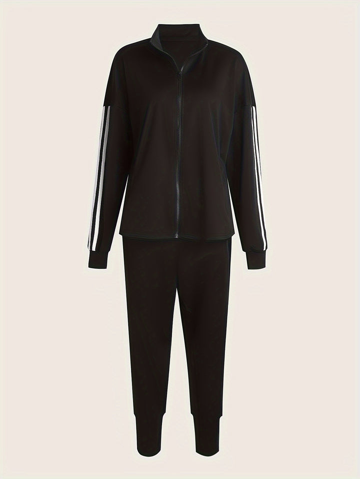 Plus Size Sporty Outfits Set, Women's Plus Striped Long Sleeve Zipper Front Medium Stretch Coat & Joggers Outfits 2 Piece Set