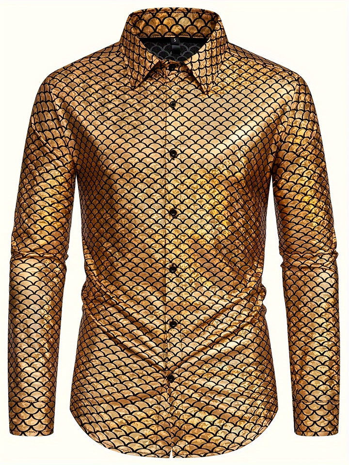 Fish Scales Sequin Men's Trendy Long Sleeve Button Up Shirt, Spring Fall, Party Dress