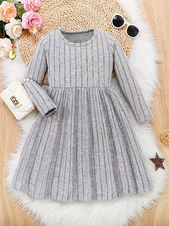 Girls Solid Color Dress Simple And Versatile Round Neck Long Sleeve Dress