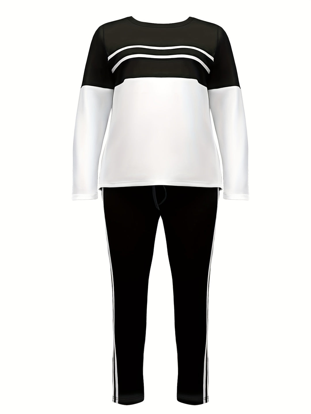 Plus Size Stripe Print Two-piece Set, Crew Neck Long Sleeve Top & Slim Pants Outfits, Women's Plus Size Clothing