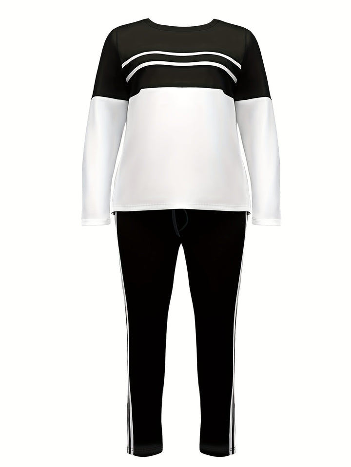 Plus Size Stripe Print Two-piece Set, Crew Neck Long Sleeve Top & Slim Pants Outfits, Women's Plus Size Clothing