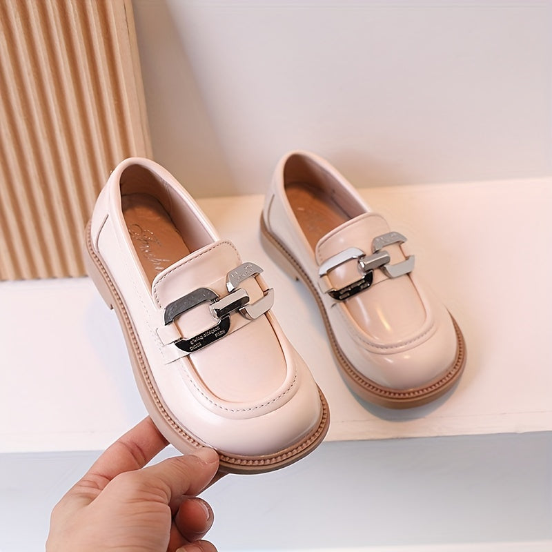Girls Solid Color Slip On Loafer Shoes With Metallic Decor, Children's Anti-skid Soft Sole Flat Shoes