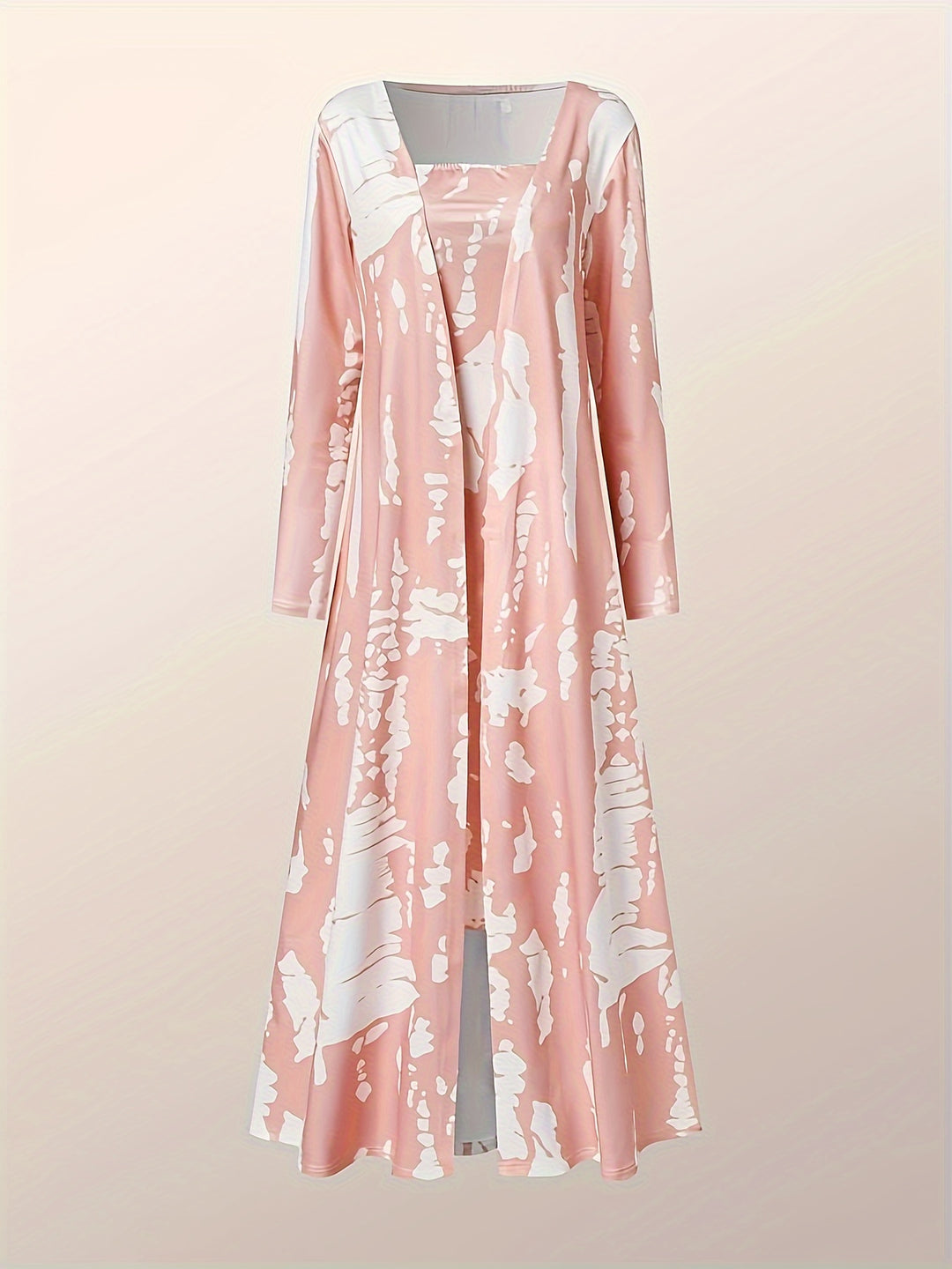 Plus Size Elegant Outfits Set, Women's Plus Tie Dye Long Sleeve Open Front Cardigan & Tube Bodycon Midi Dress Outfits Two Piece Set