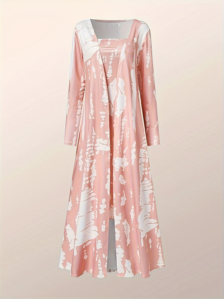 Plus Size Elegant Outfits Set, Women's Plus Tie Dye Long Sleeve Open Front Cardigan & Tube Bodycon Midi Dress Outfits Two Piece Set