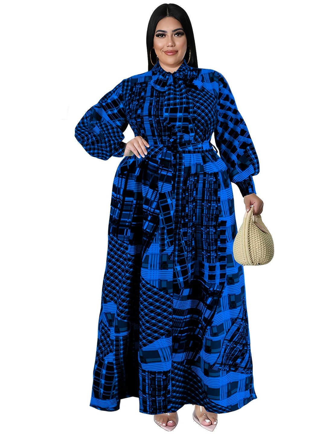 Elegant Plus Size Maxi Dress with Graphic Print and Lantern Sleeves, Perfect for All Seasons