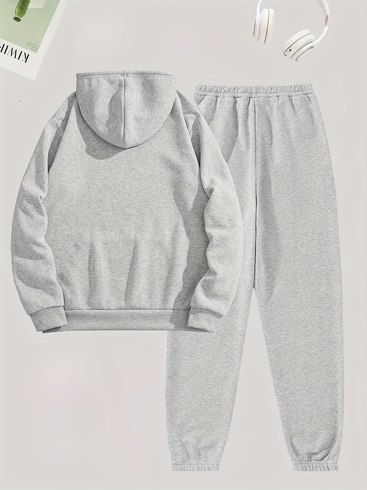 Solid Casual Two-piece Set, Drawstring Long Sleeve Hoodies & Workout Jogger Pants Outfits, Women's Clothing
