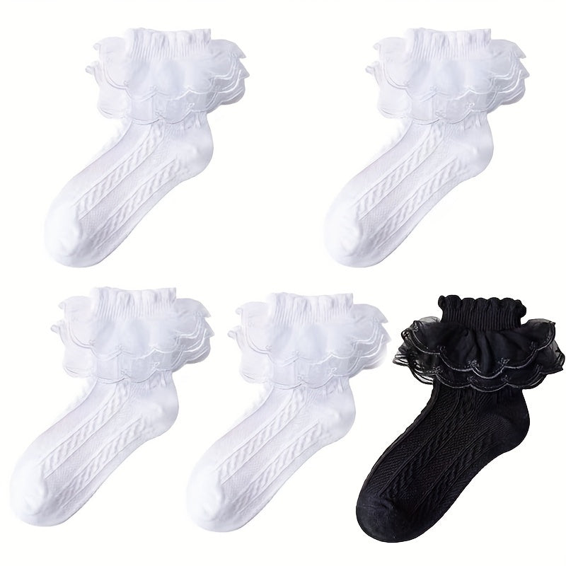 5pairs Girls Kids Lace Ruffled Cute Princess Socks, Fashion Versatile Socks, Breathable Comfy Socks, Children's Socks