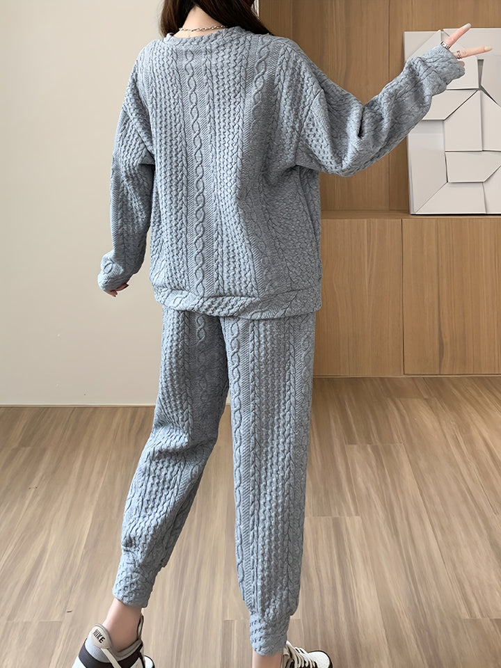 Textured Two-piece Set, Casual Long Sleeve Sweatshirt & Dual Pockets Pants Outfits, Women's Clothing