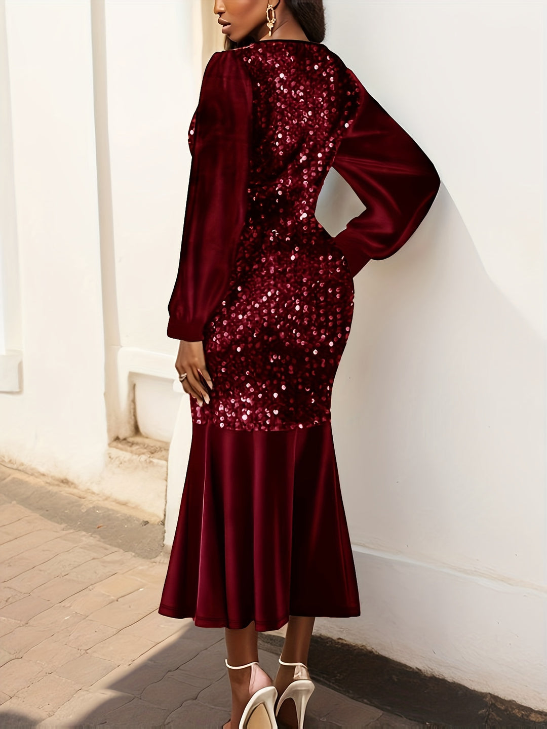Sequined Mermaid Hem Dress, Elegant Long Sleeve V Neck Dress For Party & Banquet, Women's Clothing