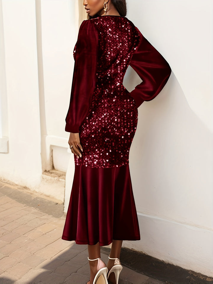 Sequined Mermaid Hem Dress, Elegant Long Sleeve V Neck Dress For Party & Banquet, Women's Clothing