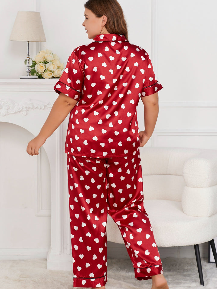 Women's Valentine's Day Elegant Pajamas Set, Plus Size Heart Print Short Sleeve Button Up Satin Shirt & Pants Lounge 2 Piece Set