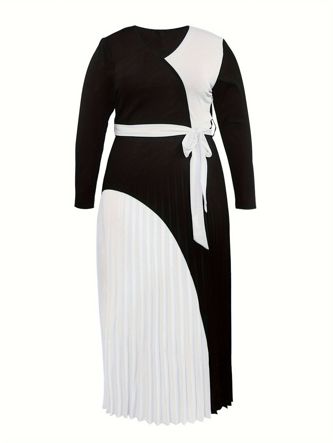 Plus Size Casual Dress, Women's Plus Colorblock Long Sleeve Surplice Neck Pleated Maxi Dress With Belt